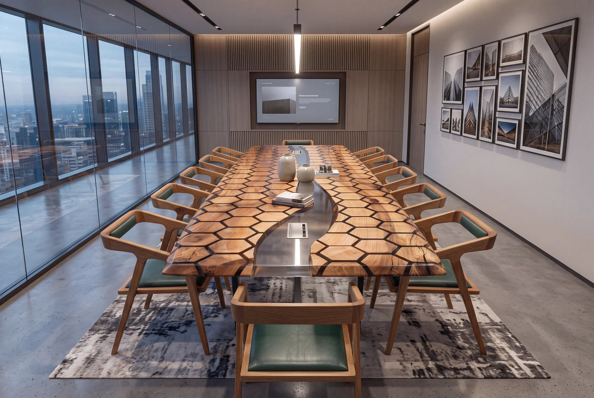 Tessellate walnut epoxy resin conference table with a clear resin honeycomb pattern across the top