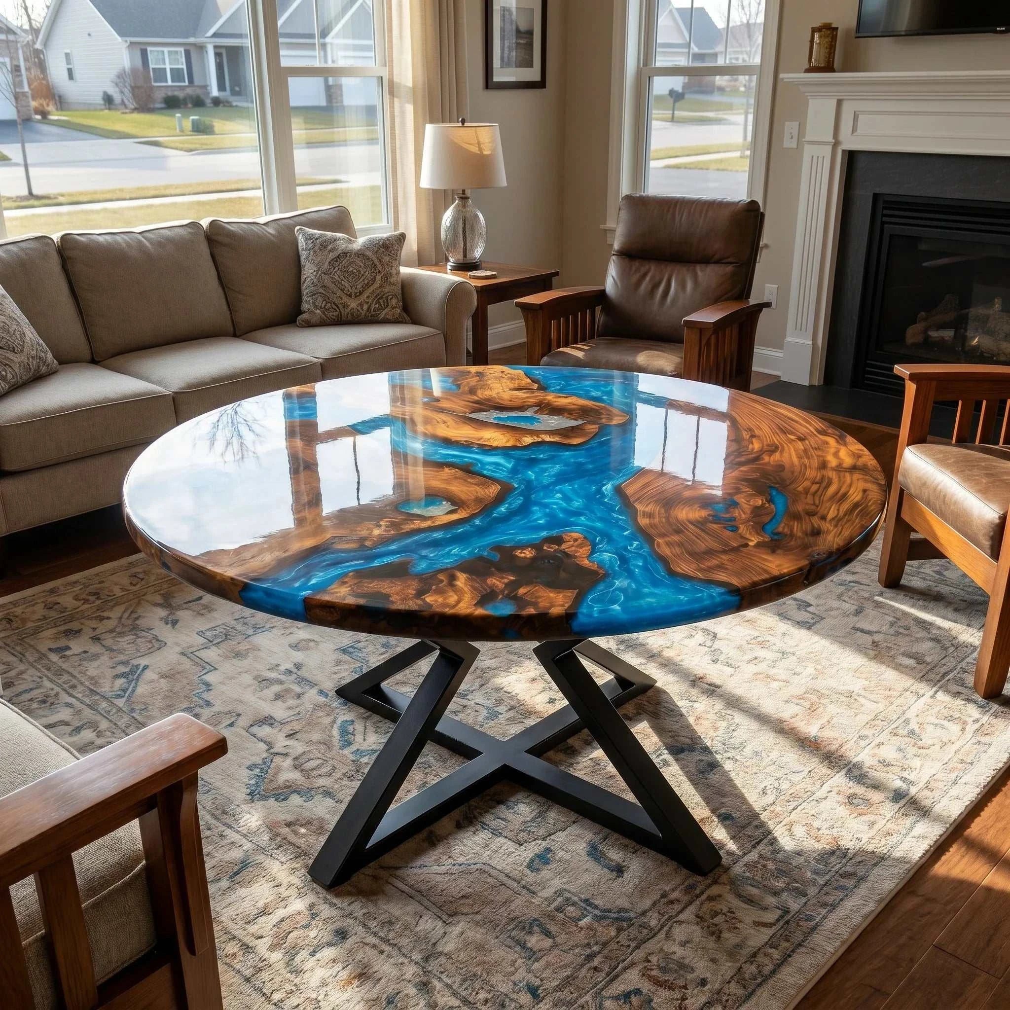 Constellation Round Dining Table with walnut wood and metallic blue resin channels on geometric black steel base
