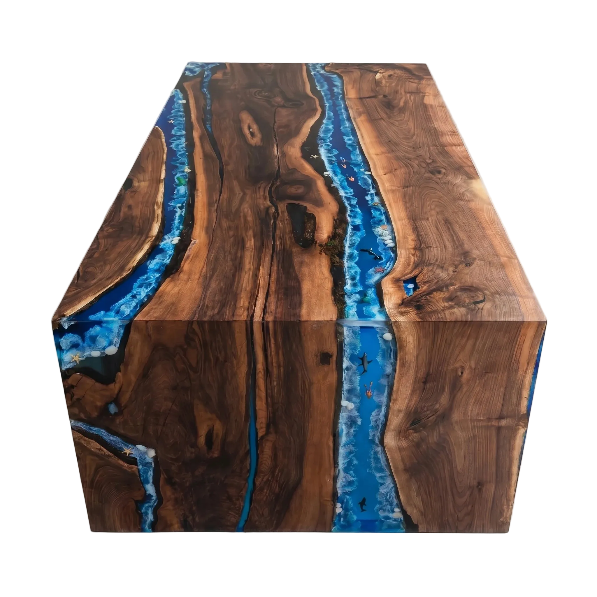Pacific Crest live edge walnut dining table with ocean-blue resin and waterfall edge
