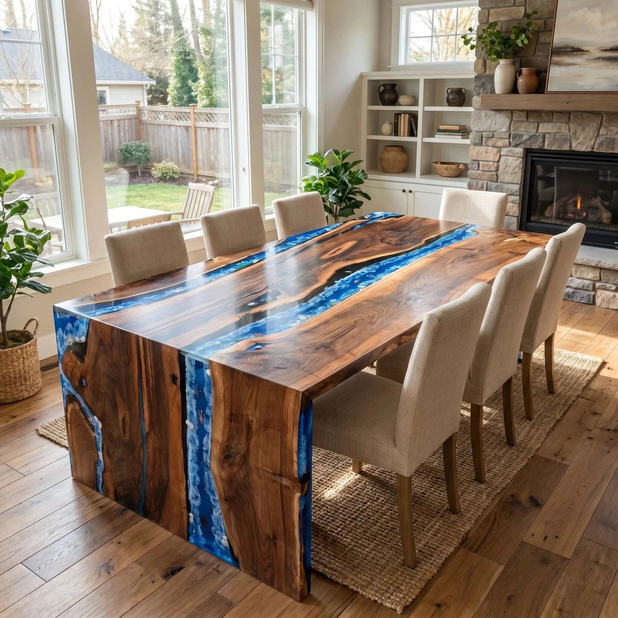 Pacific Crest Live Edge Dining Table with walnut wood and ocean-blue resin core featuring turquoise currents and waterfall edges