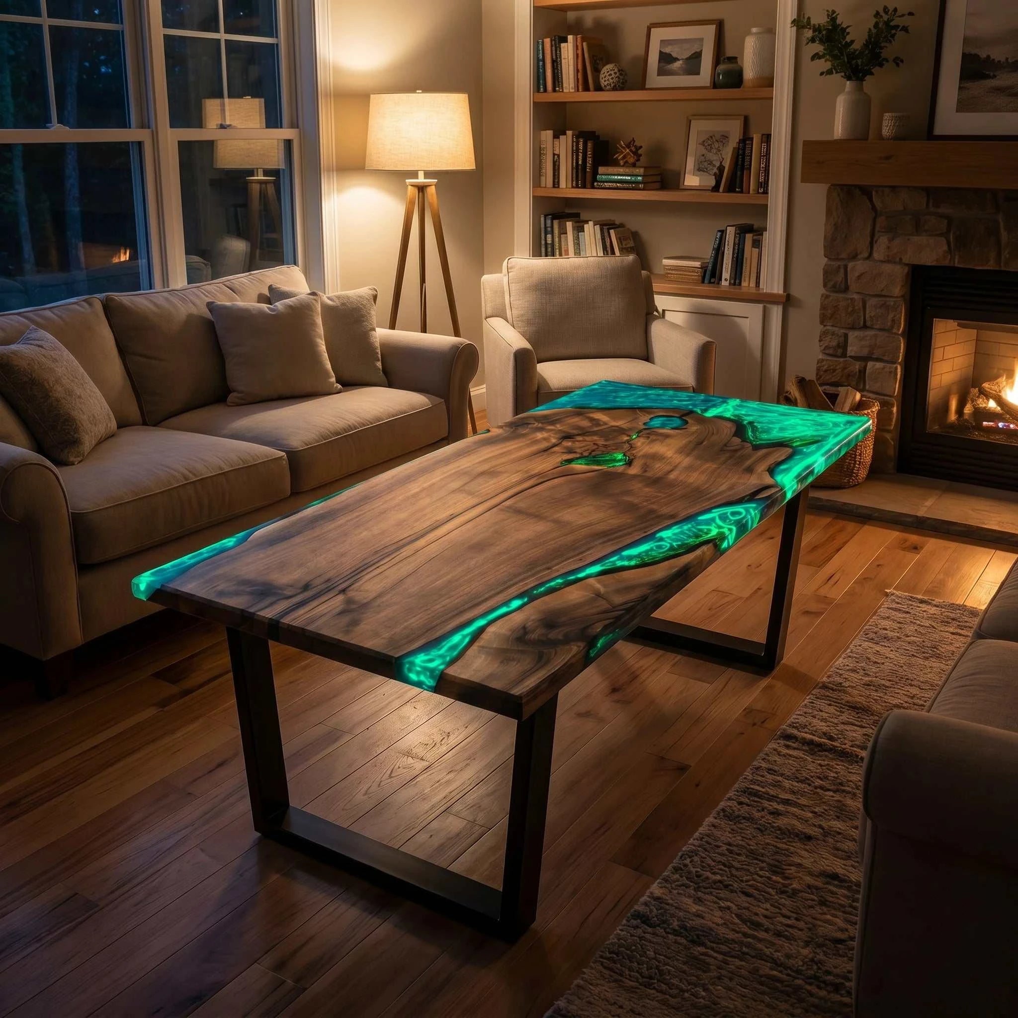 Aurora Glow Dining Table made of walnut with glowing turquoise phosphorus resin filling live edge voids
