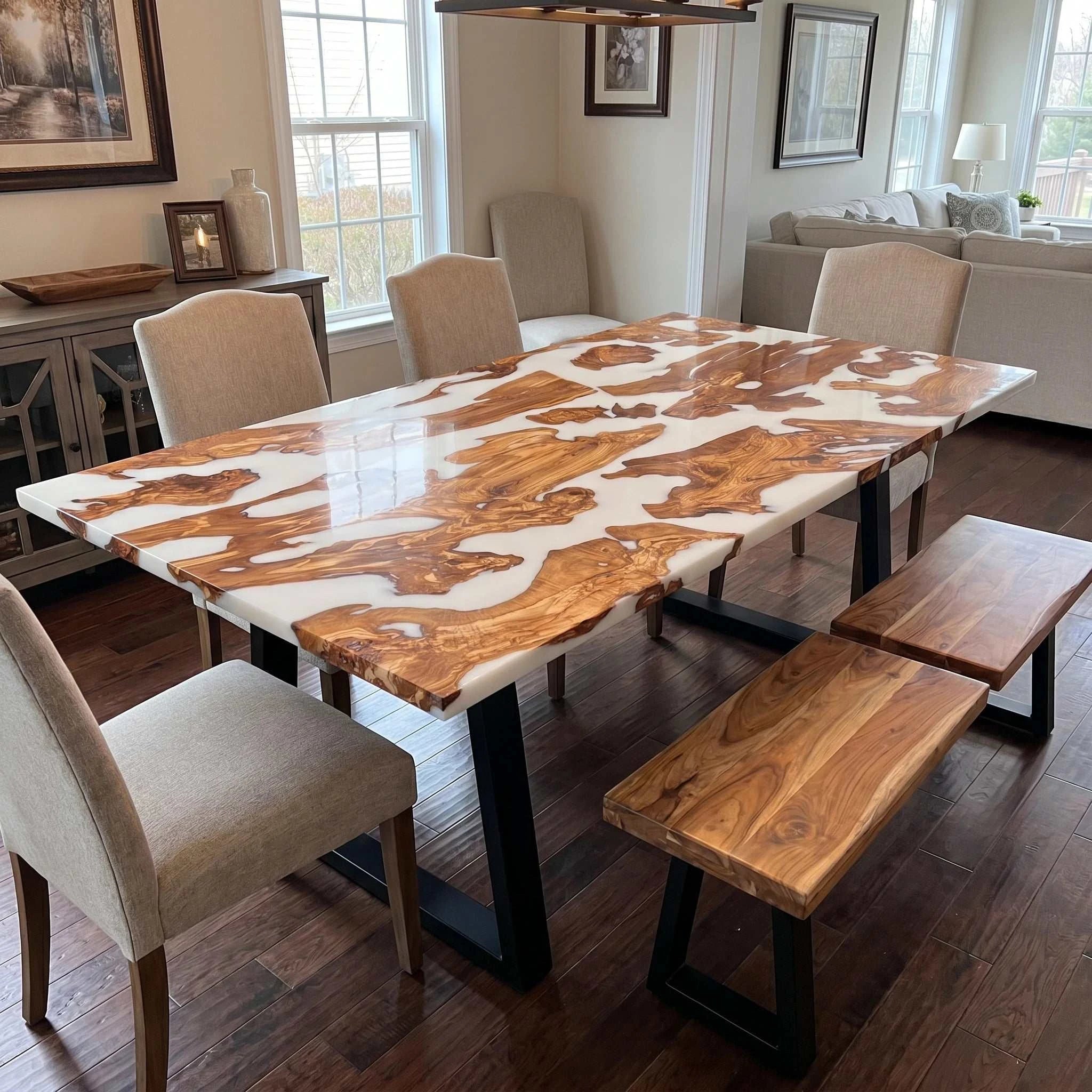 Pearl Lagoon Olive Dining Table with olive burl islands and matte white epoxy top on black metal U-shaped legs