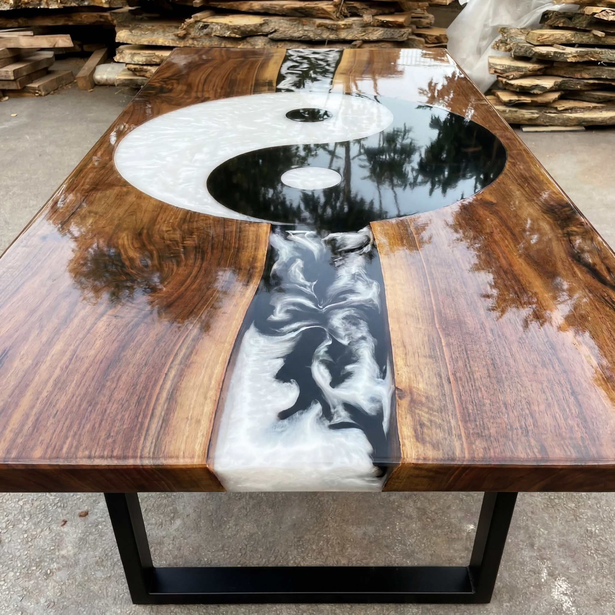 Hand-poured black and white Yin Yang resin on solid walnut dining table with mirror gloss finish