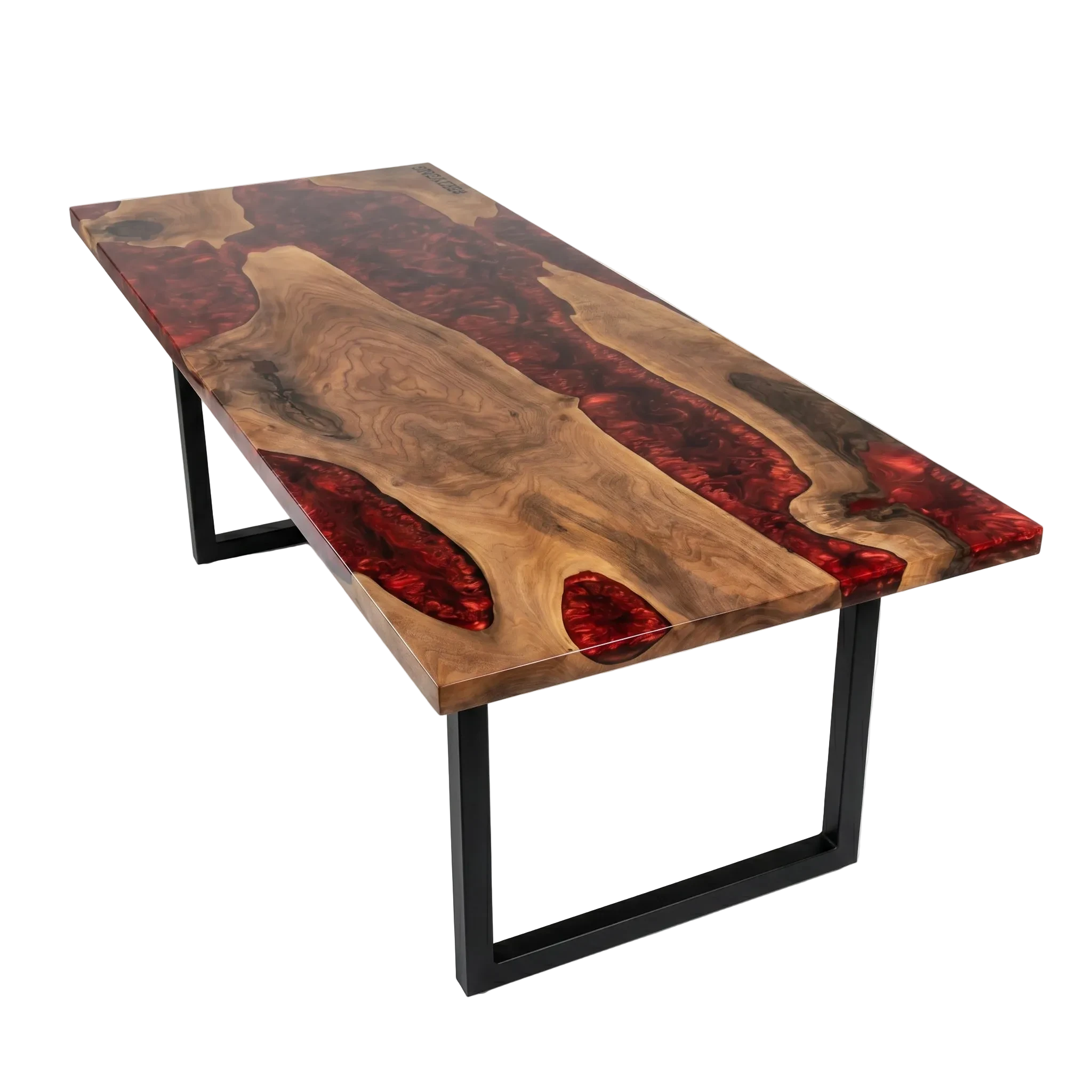 Crimson River Walnut dining table with deep red resin river and solid walnut wood