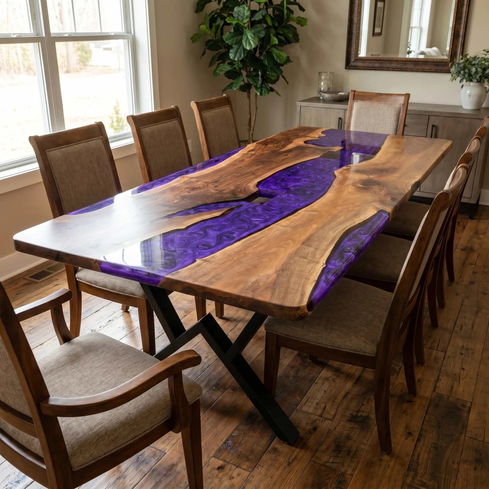 Amethyst River Walnut Dining Table with live-edge walnut and matte purple resin river on black metal X-base