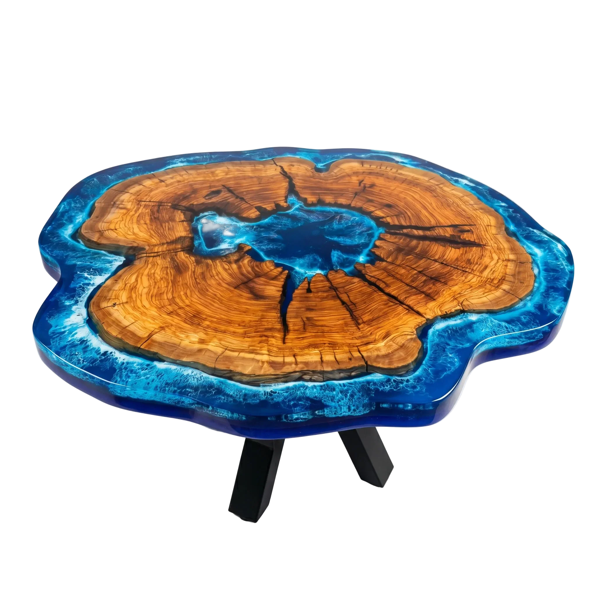 Tide Pool Round Coffee Table with walnut slab and glossy blue resin wave detail on black steel base