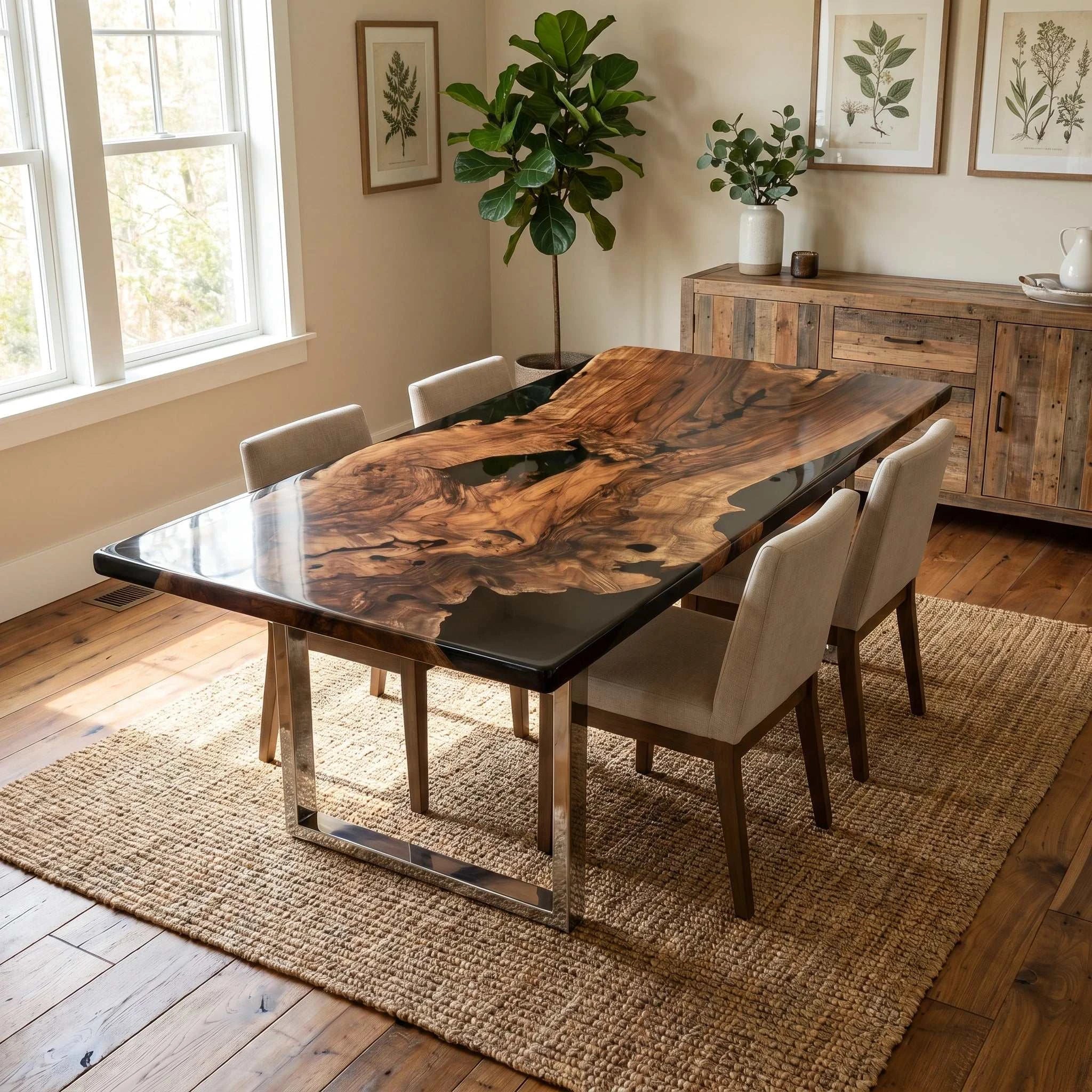 Obsidian Burl Dining Table with central walnut burl slab encased in black epoxy and silver U-shaped metal legs