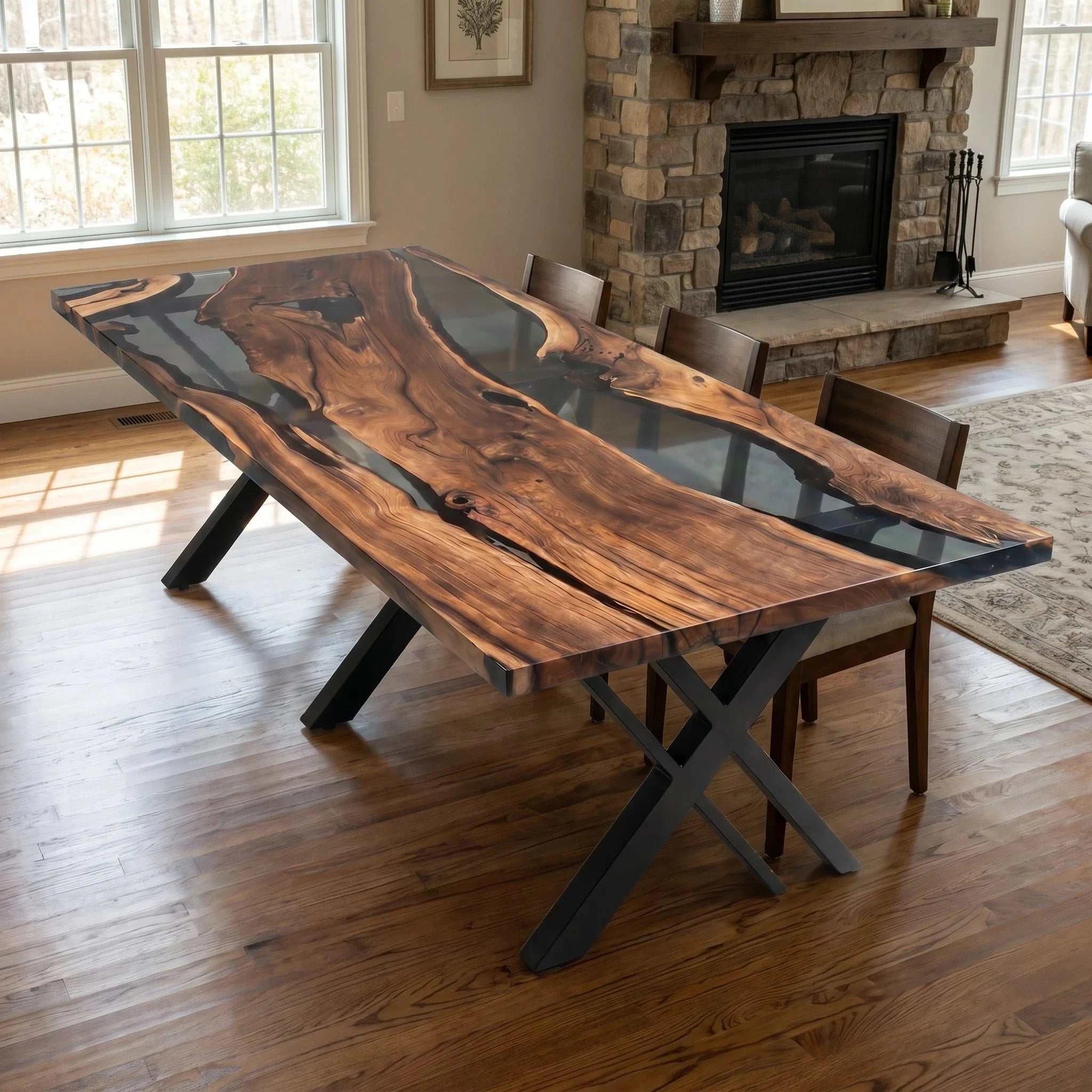 Ash River Live Edge Dining Table with smoky gray resin river and black metal X-legs