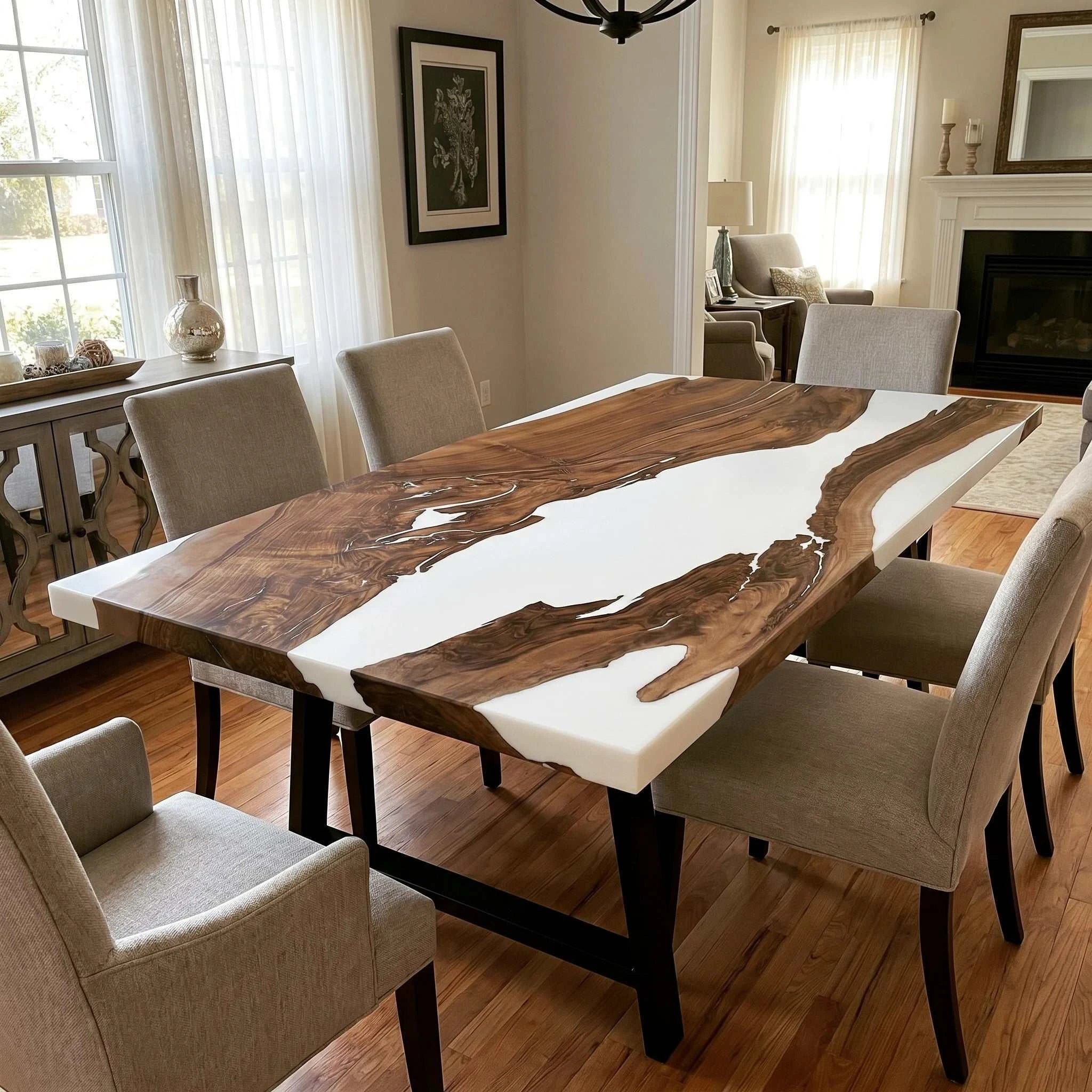 Live-edge Salt River walnut dining table with white matte resin river and black legs