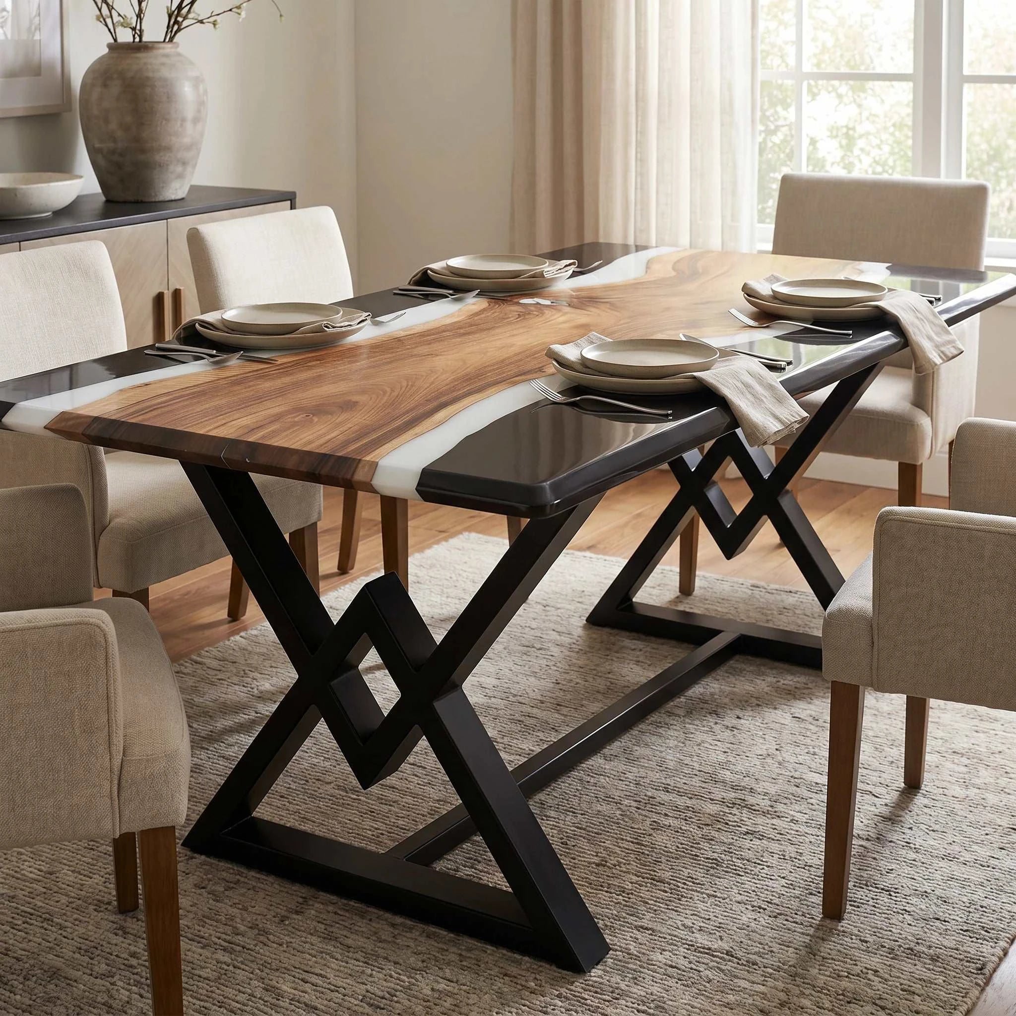 Eclipse Walnut Dining Table with three-tone walnut, white matte resin, glossy black epoxy edges, and black metal X-base