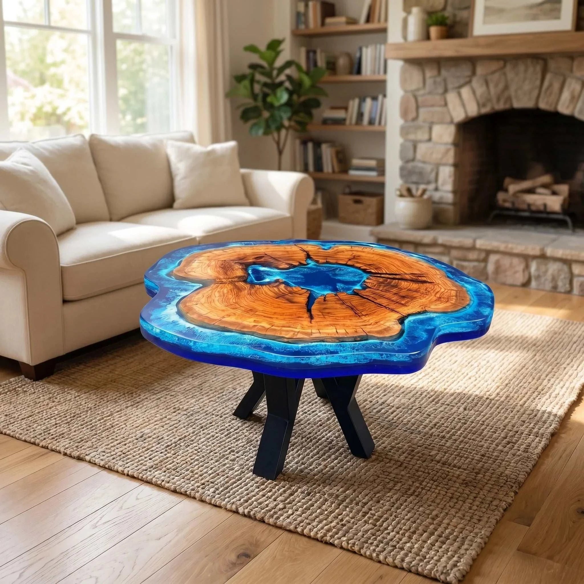 Tide Pool Round Coffee Table with walnut slab, blue resin tide pool design, and black steel base