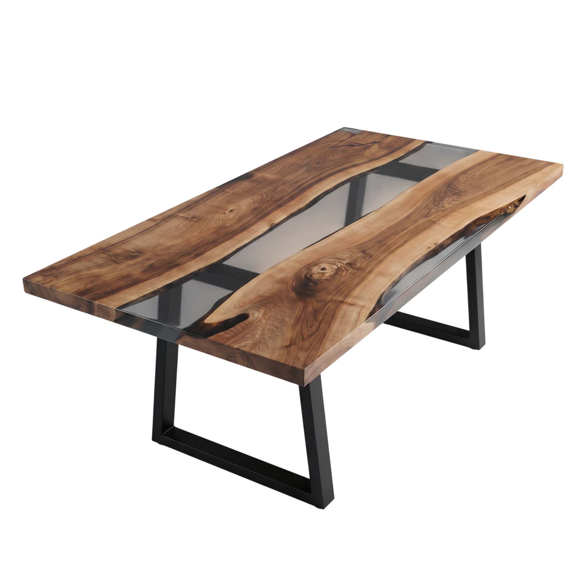 Crystal Run Live Edge walnut dining table with clear resin river and black metal base