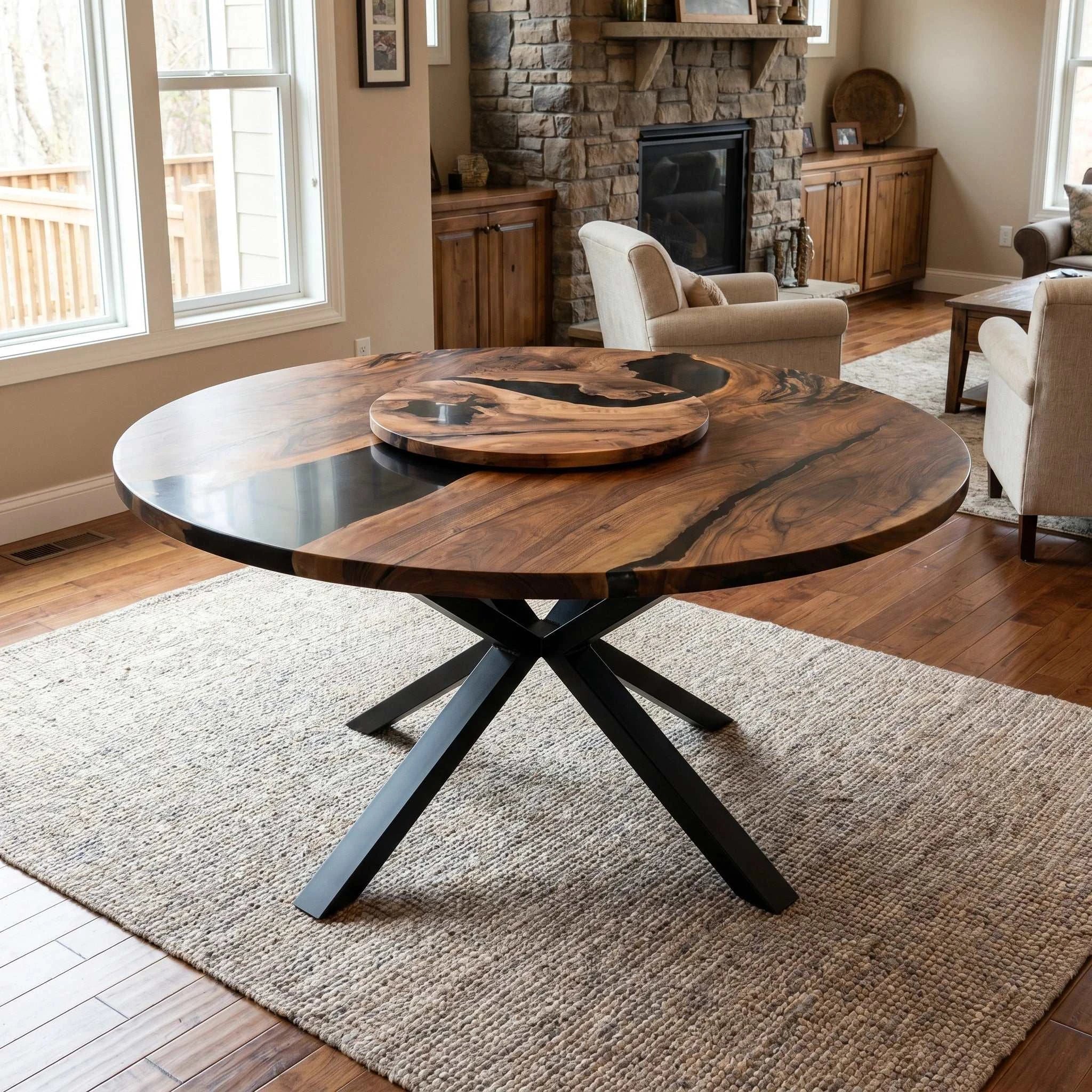 Smoke Ring Round Dining Table large walnut with black resin Lazy Susan and black metal star base