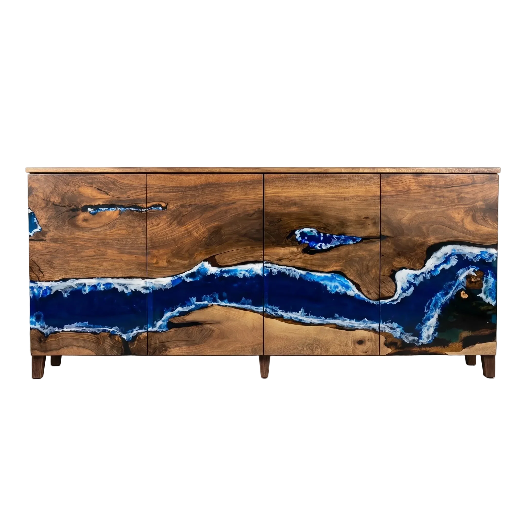 Modern Riverline Walnut Credenza with blue resin river and white wave detail on solid walnut four-door front and tapered legs