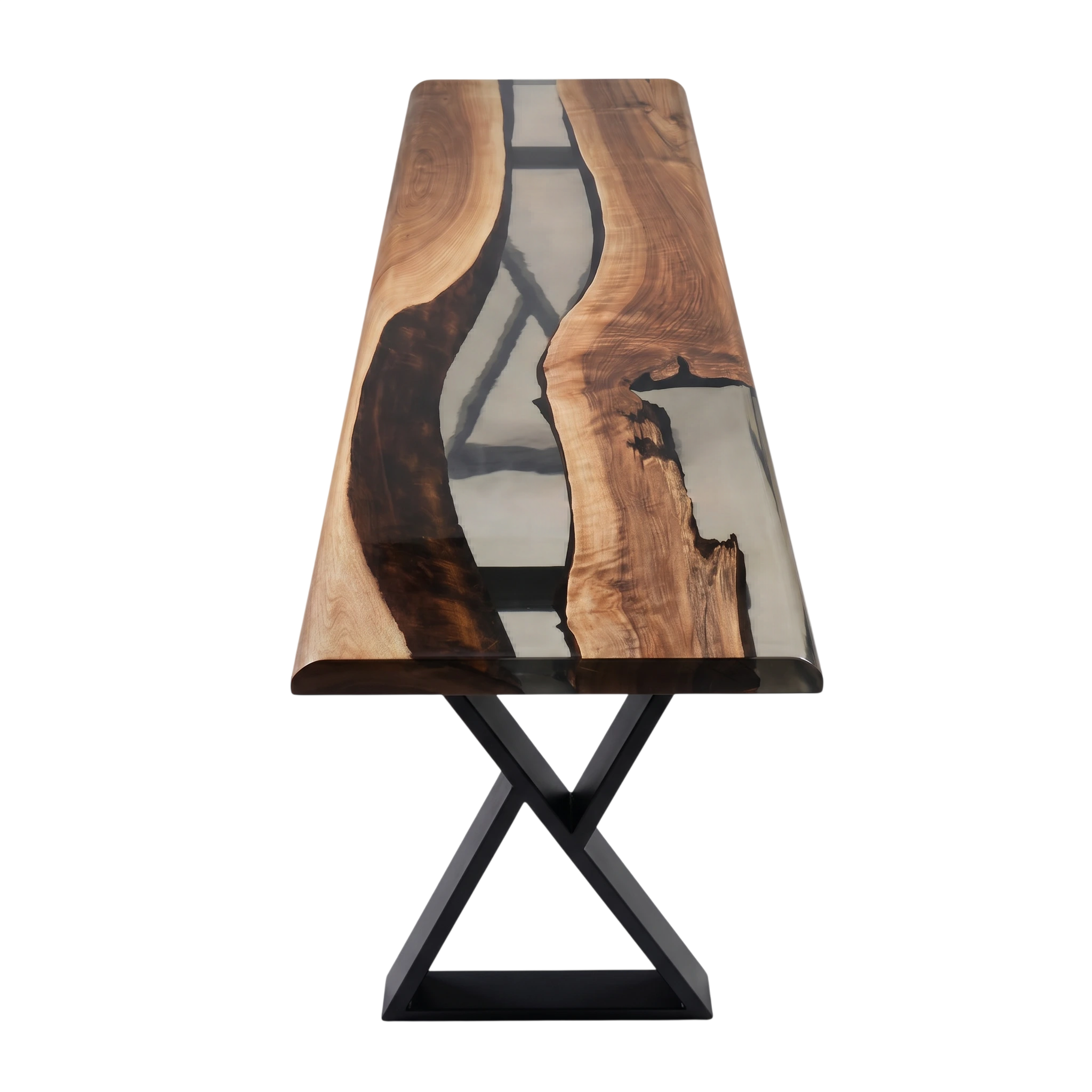 Driftwood Walnut Console Table with live-edge walnut slab and smoky gray resin top on black X-shaped metal legs.
