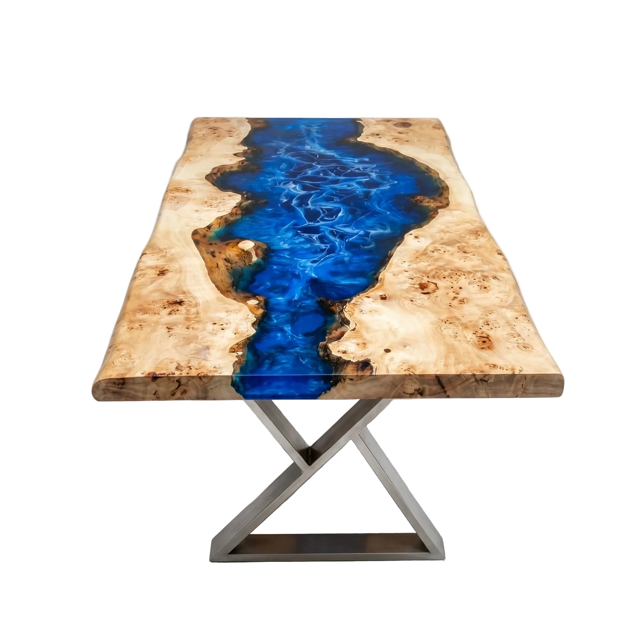 Cascade Burl Dining Table with ocean blue resin river and geometric silver metal base