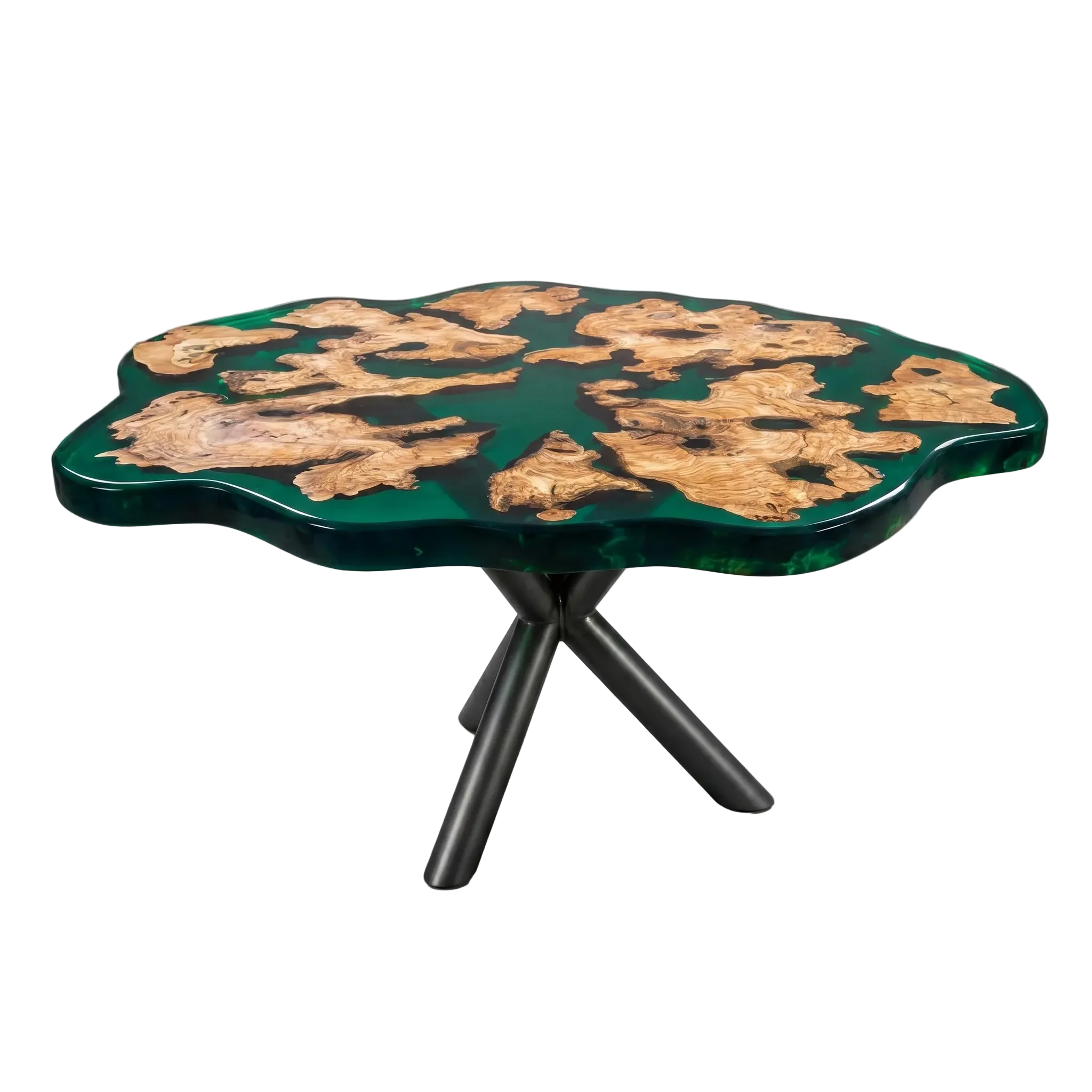 Lagoon Olive Round Dining Table with olive burl wood, turquoise resin, wavy edges, and dark metal pedestal base