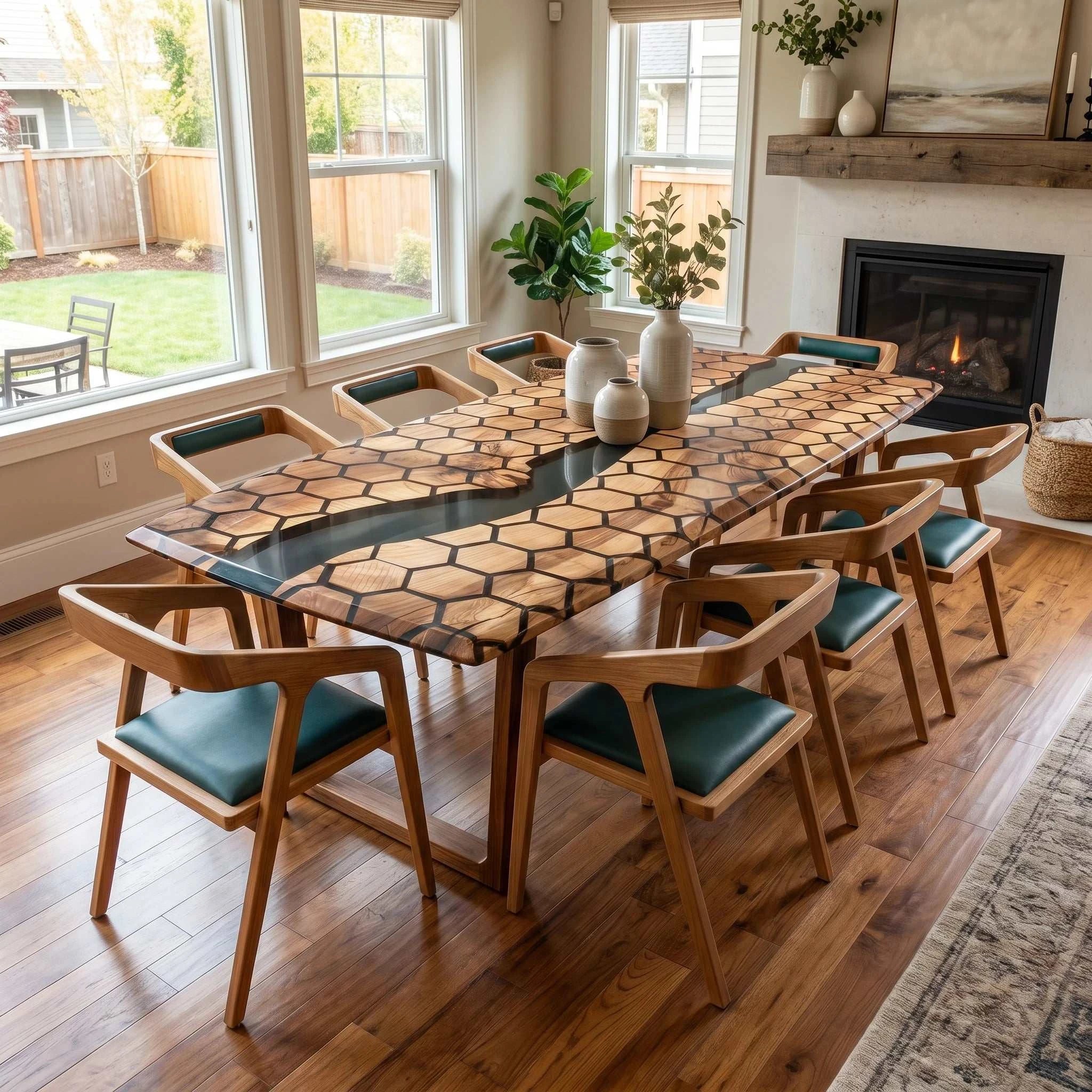 Large Tessellate Walnut Conference Table with hexagon honeycomb pattern and clear resin river center