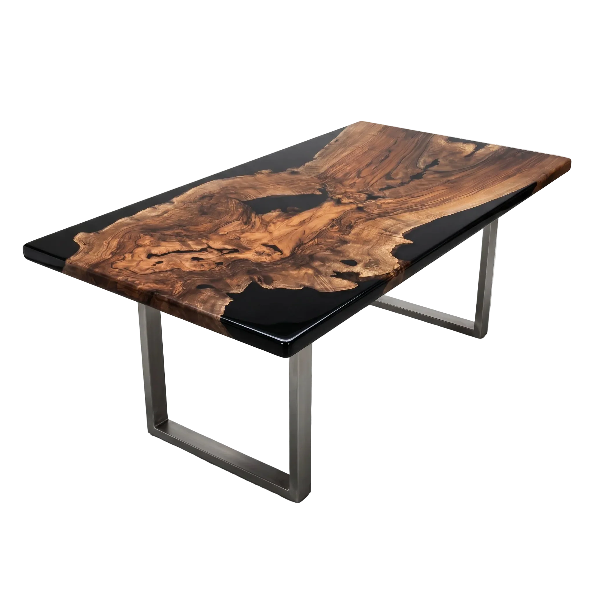 Obsidian Burl Dining Table with walnut burl slab and black epoxy surface on silver metal legs