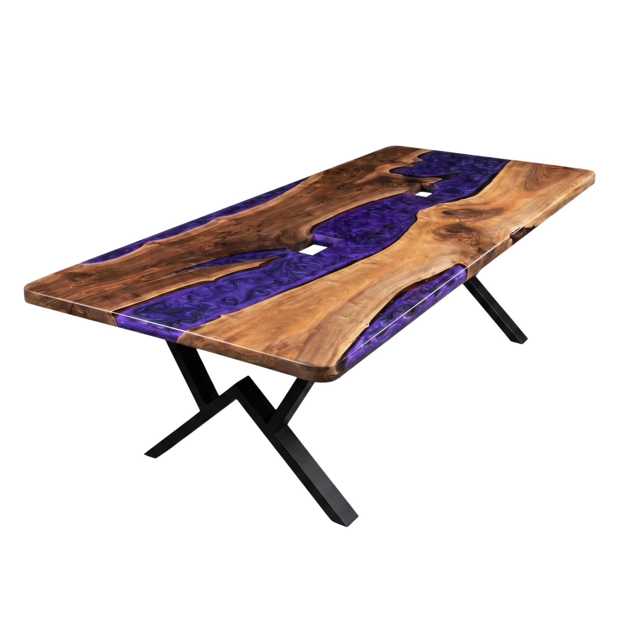 Large live-edge Amethyst River Walnut Dining Table with matte purple resin river and black metal X-base