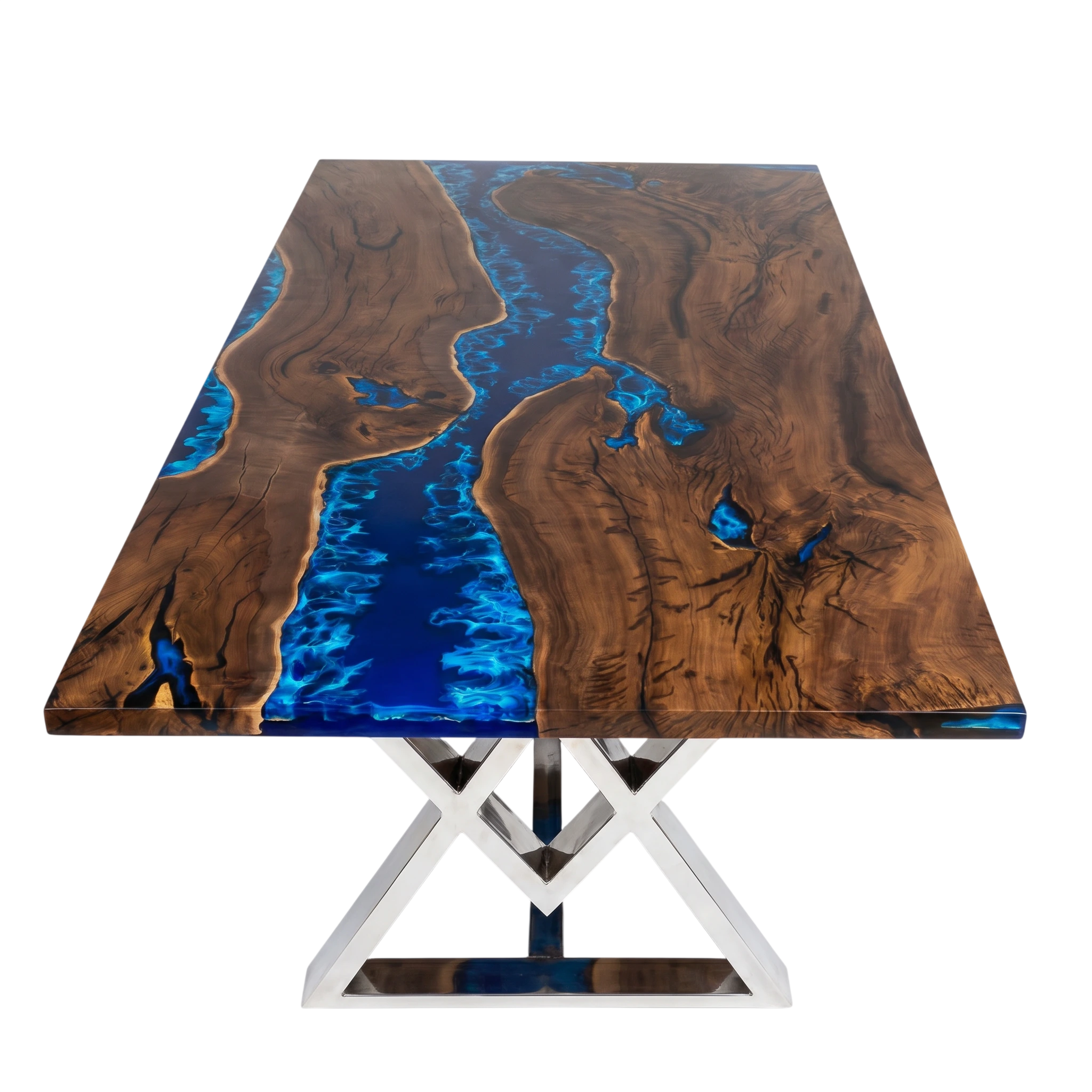 Atlantic Walnut dining table with deep blue epoxy river and silver geometric metal base