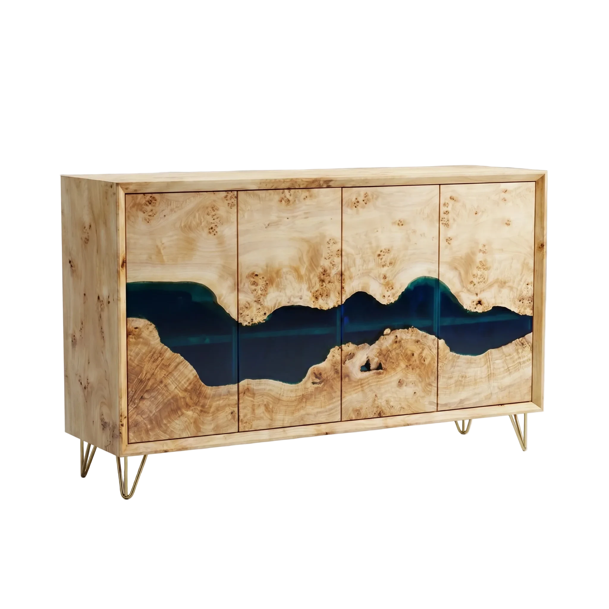 Skylight Poplar Credenza with light blue resin river and gold hairpin legs