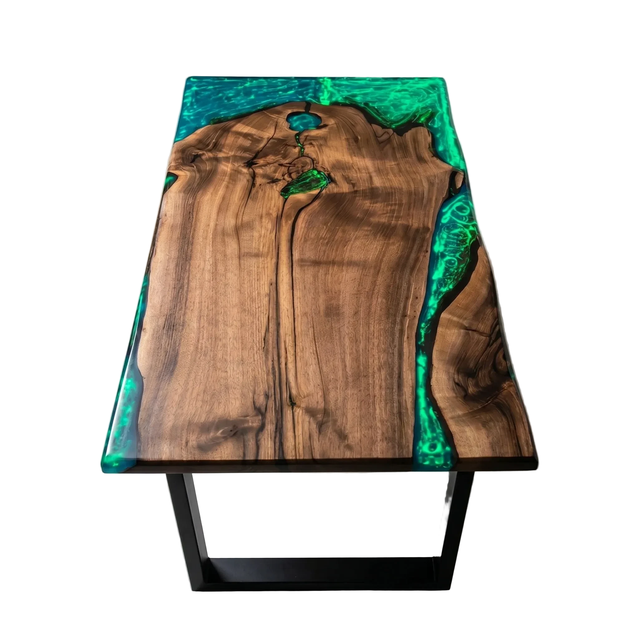 Aurora Glow Dining Table with glowing turquoise resin and walnut wood live edge design
