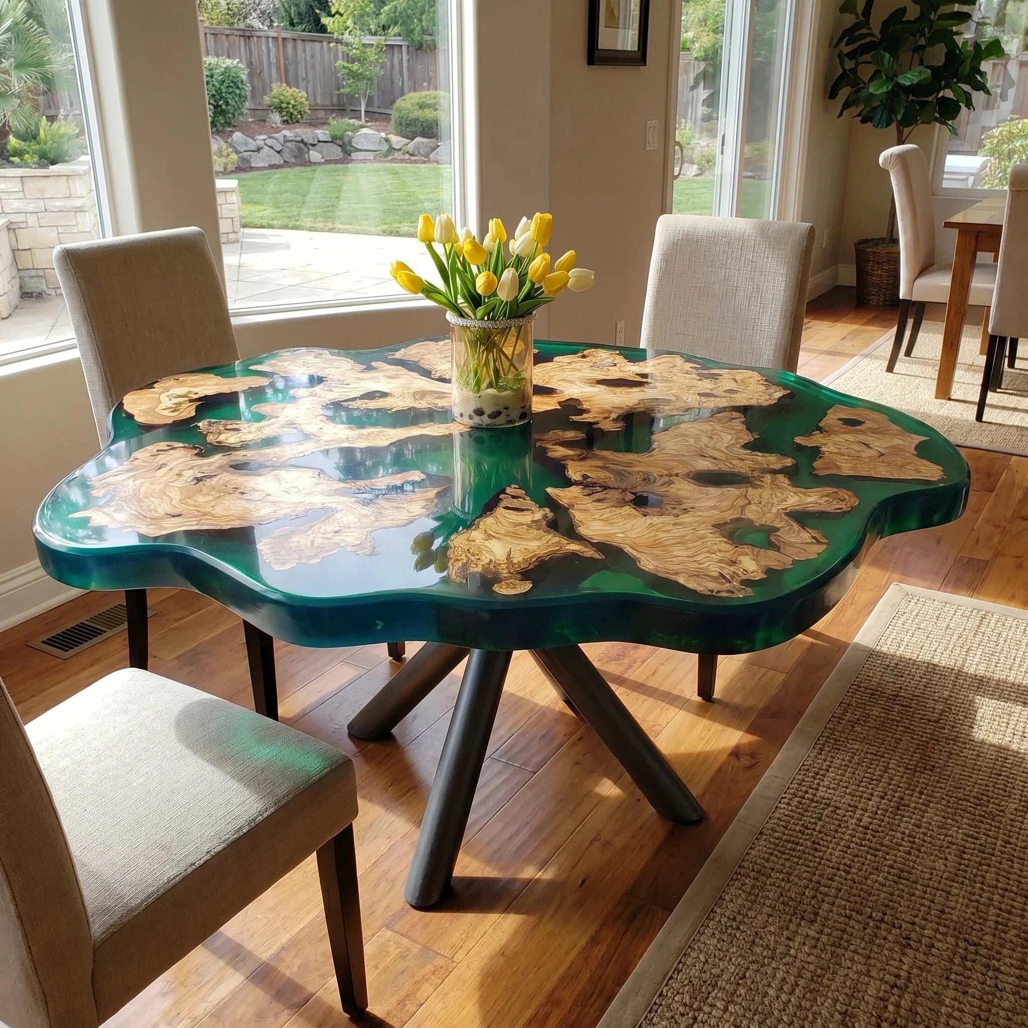 Lagoon Olive Round Dining Table with wavy olive burl wood top and turquoise resin, dark metal pedestal base
