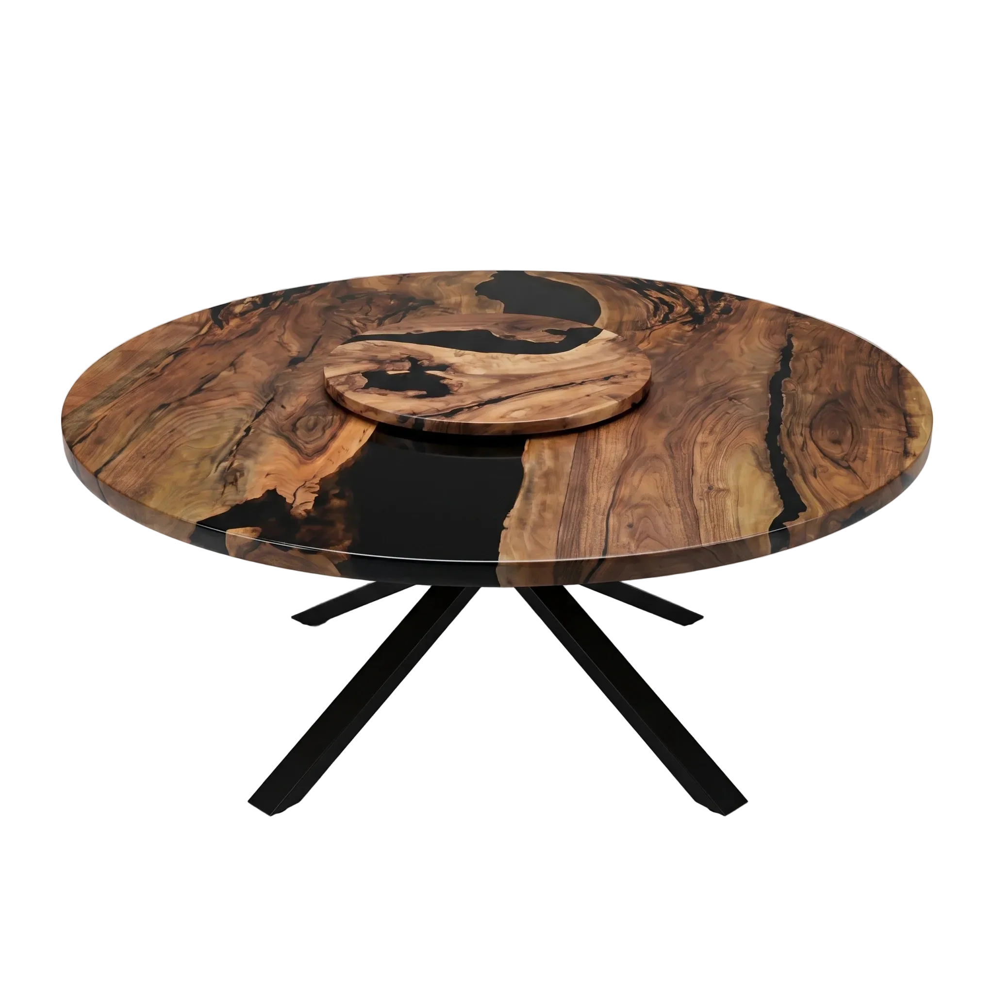 Smoke Ring Round Dining Table solid walnut with black resin river and Lazy Susan turntable on black metal star base