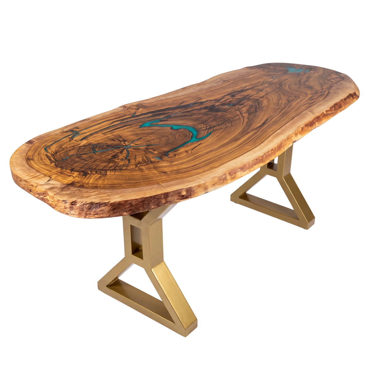 Atoll design made as a smaller table, turquoise resin on a sculptural gold base