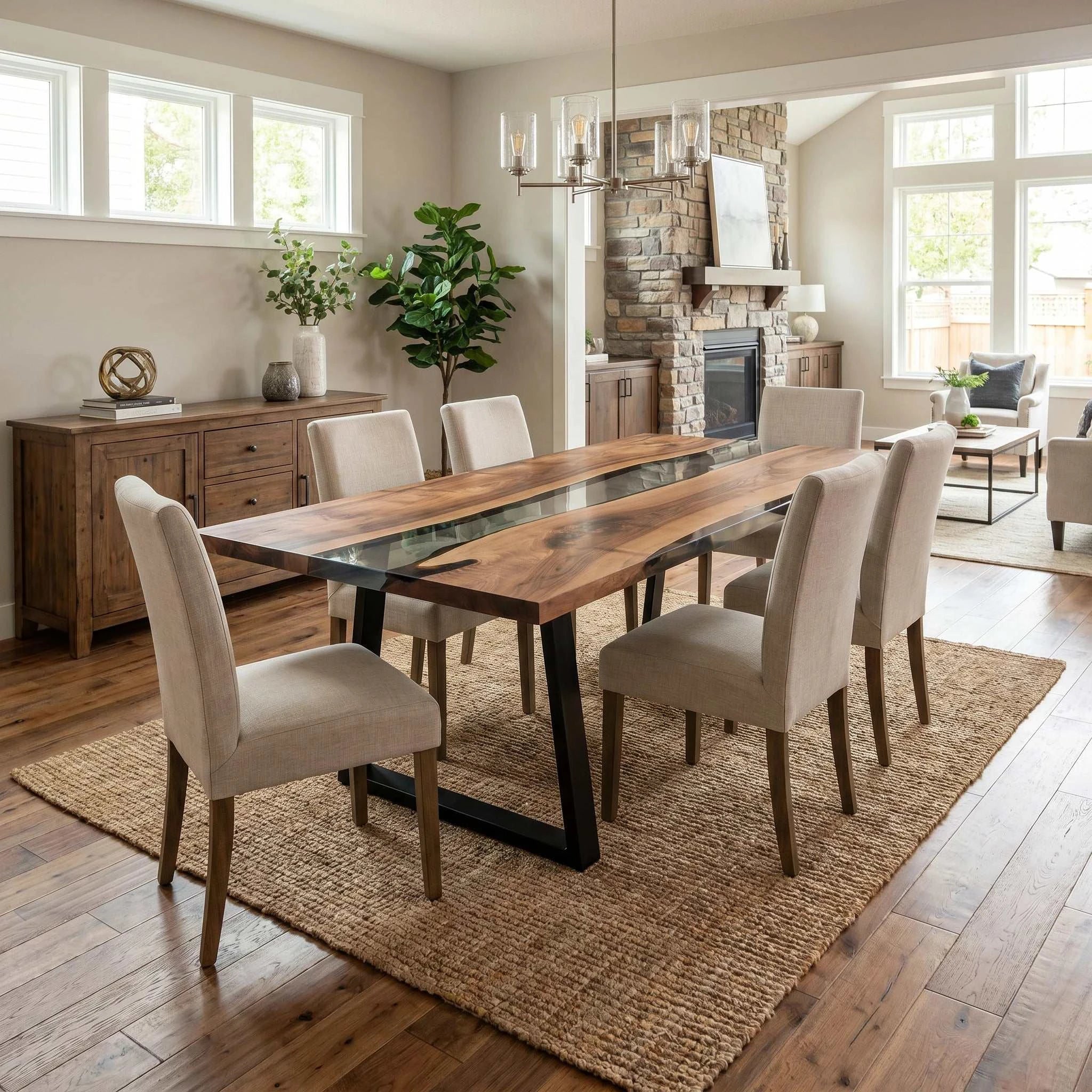 Crystal Run Live Edge walnut dining table with clear resin river and black metal base