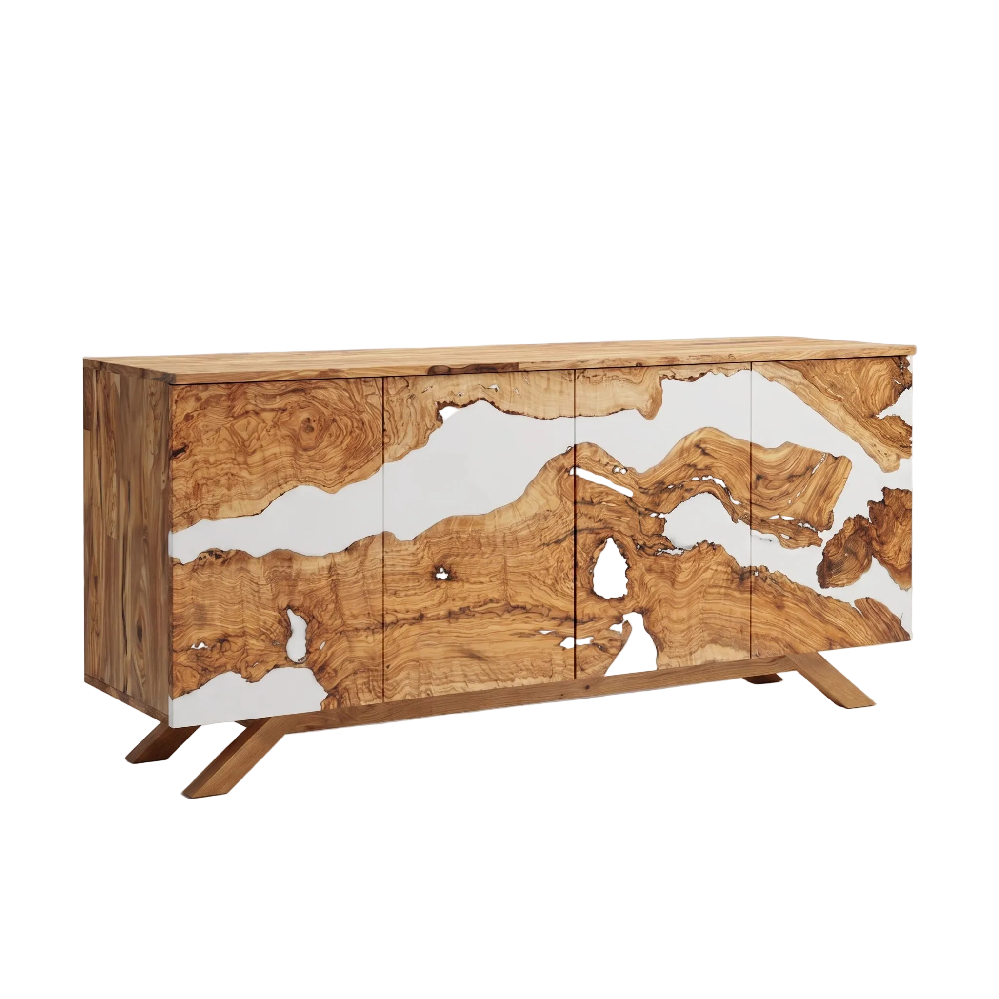 Wooden sideboard with natural grain and white accents on a white background