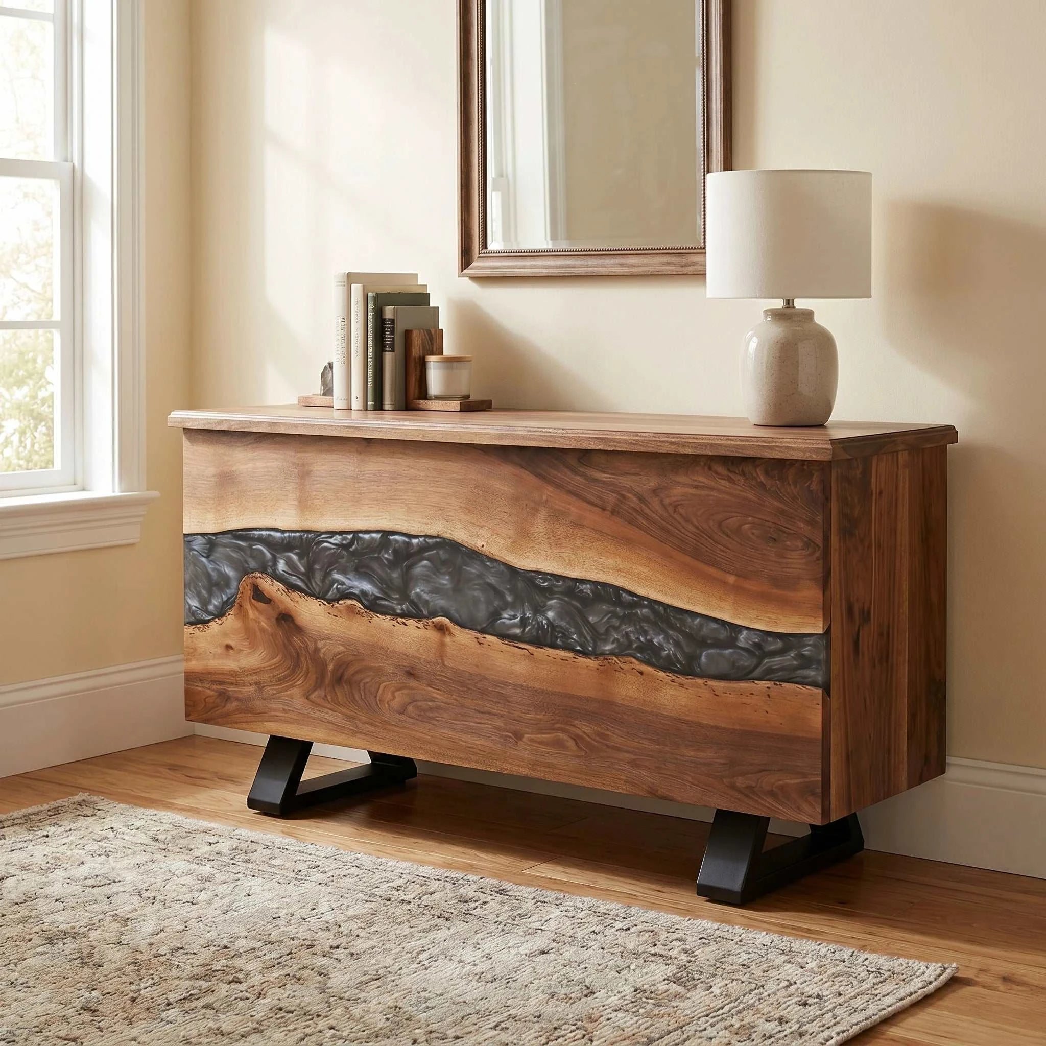 Storm Walnut Storage Bench with gray resin river detail on solid walnut, black metal legs, modern low-profile storage trunk