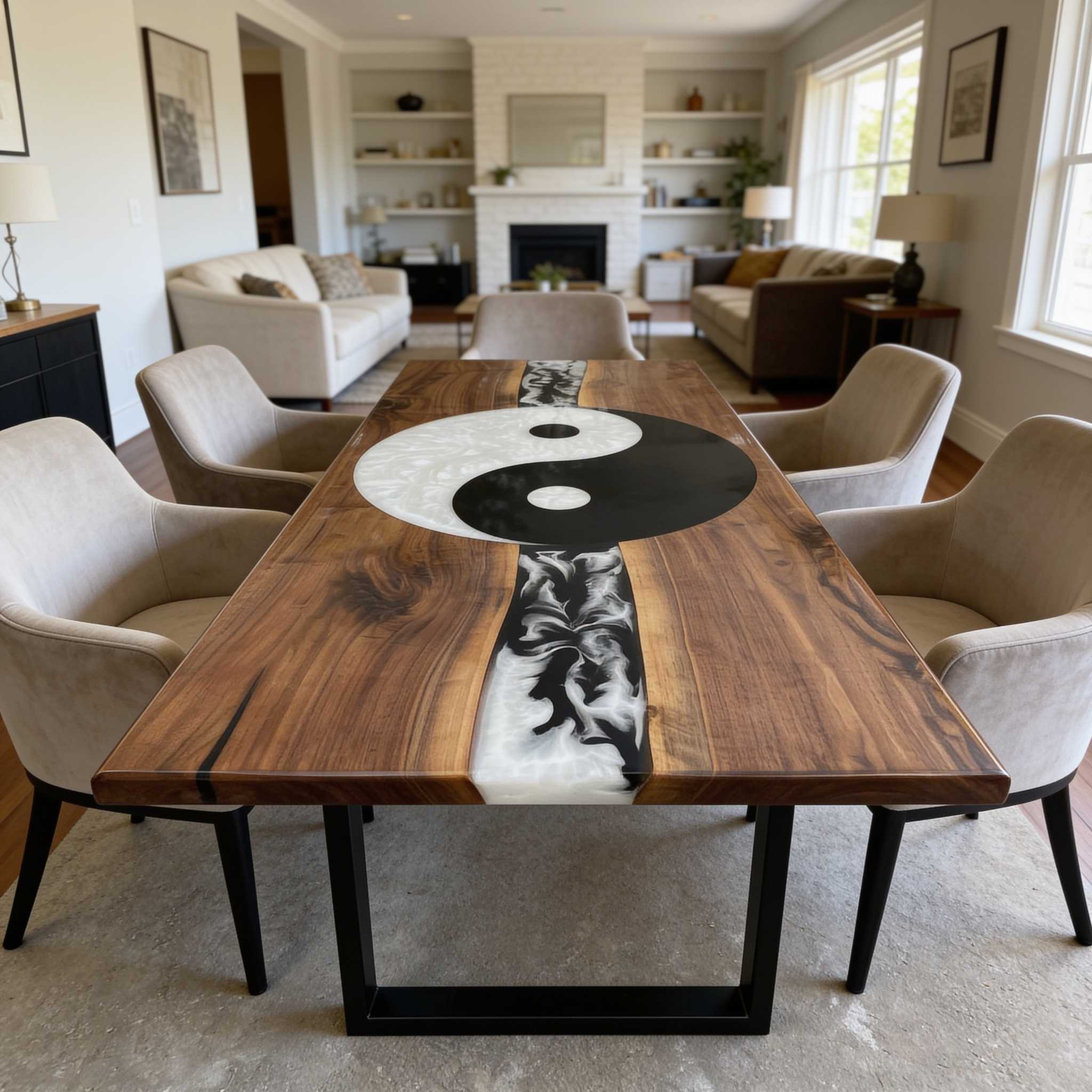 Custom handmade Yin Yang resin dining table with black and white resin on solid walnut top, glossy finish