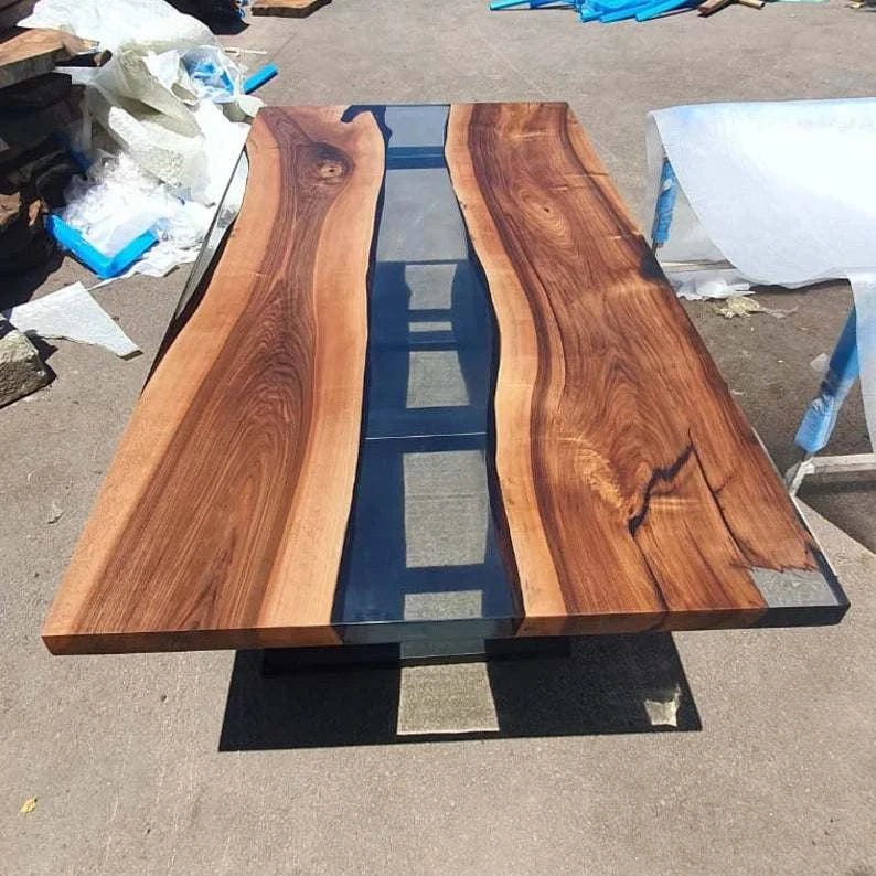 Crystal Run Live Edge walnut dining table with clear resin river and black metal base