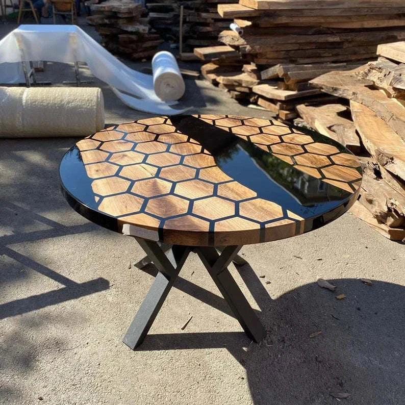 Honeycomb walnut round dining table with black resin river and dark metal star base