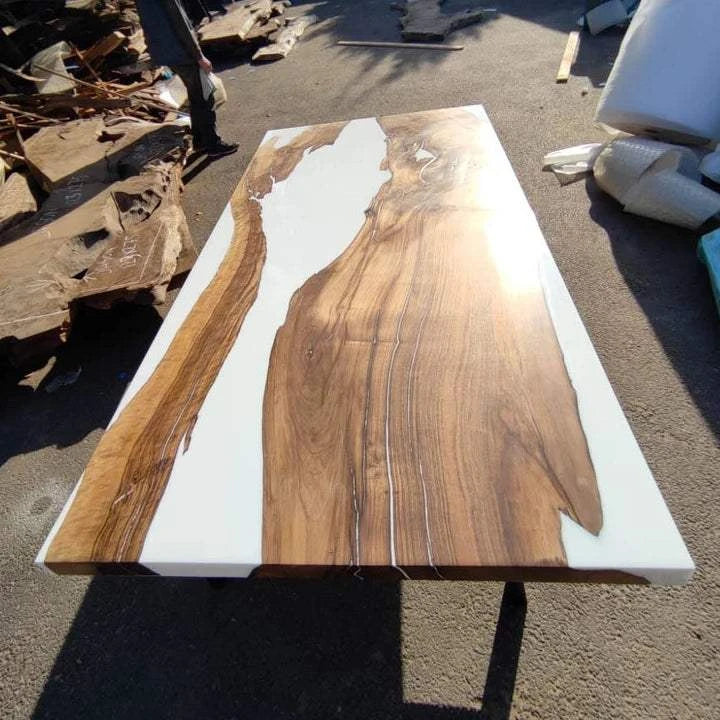 Live-edge Salt River Walnut dining table with white resin river and matte finish