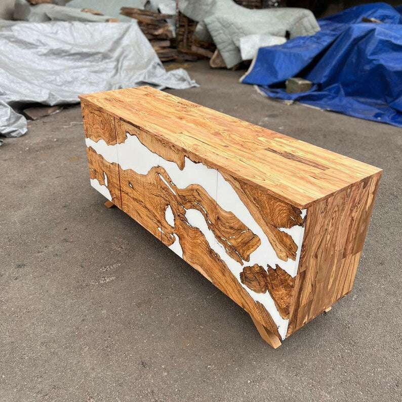 Modern Glacier White Olive Credenza with white resin river and angled wooden base