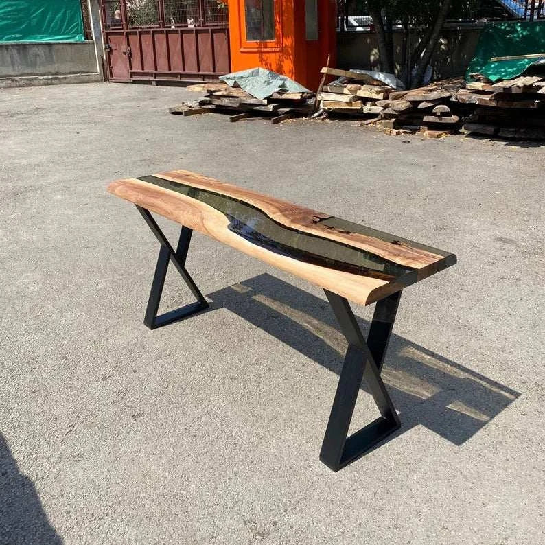 Driftwood Walnut Console Table with live-edge walnut slab, smoky gray resin inlay, and black X-shaped metal legs