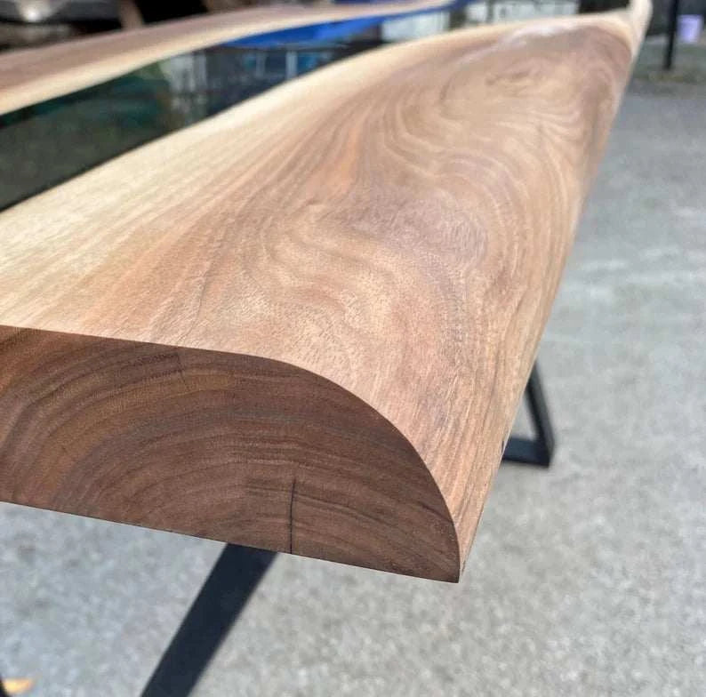 Narrow live-edge Driftwood Walnut Console Table with smoky gray resin and black metal X-shaped legs