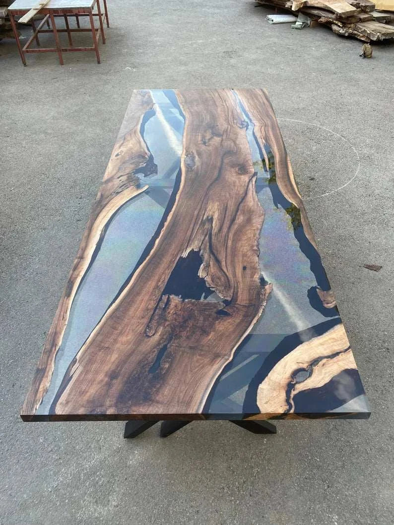 Ash River Live Edge Dining Table with smoky gray resin river and black metal X-legs