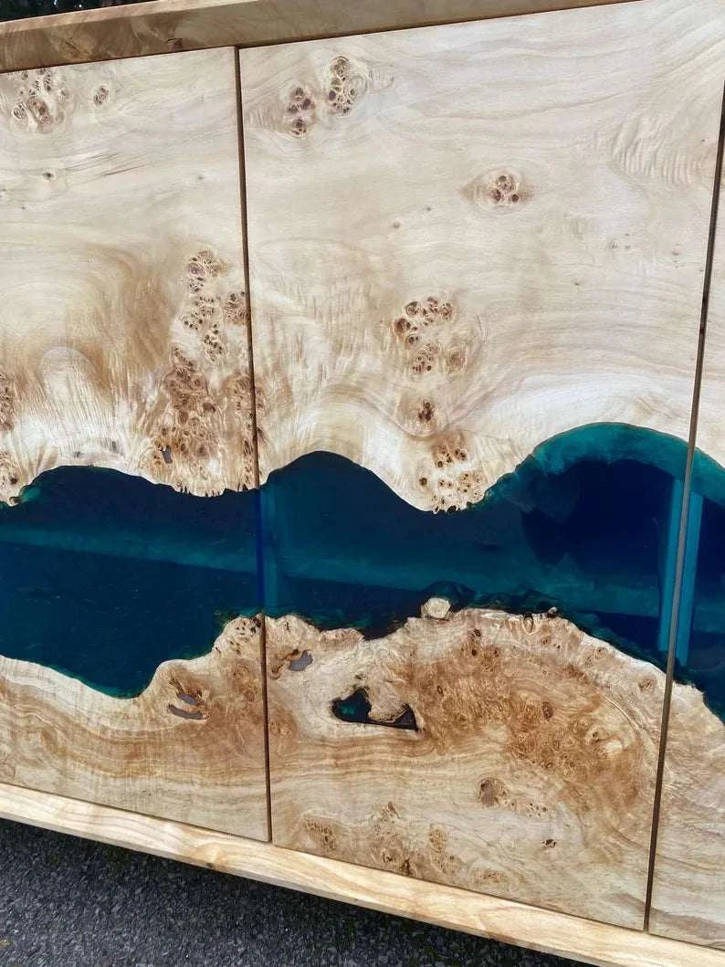 Skylight Poplar Credenza with light blue resin river and gold hairpin legs