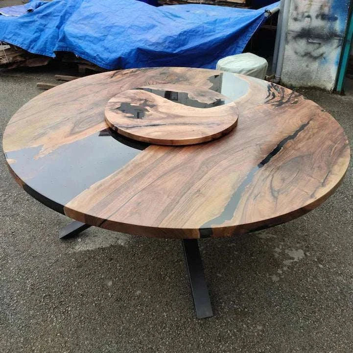 Smoke Ring Round Dining Table with walnut and black resin river, built-in Lazy Susan, and black metal star base