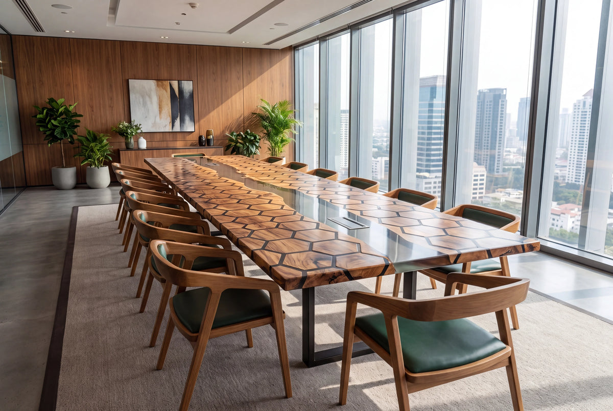 Tessellate walnut epoxy resin conference table with a clear resin honeycomb pattern across the top