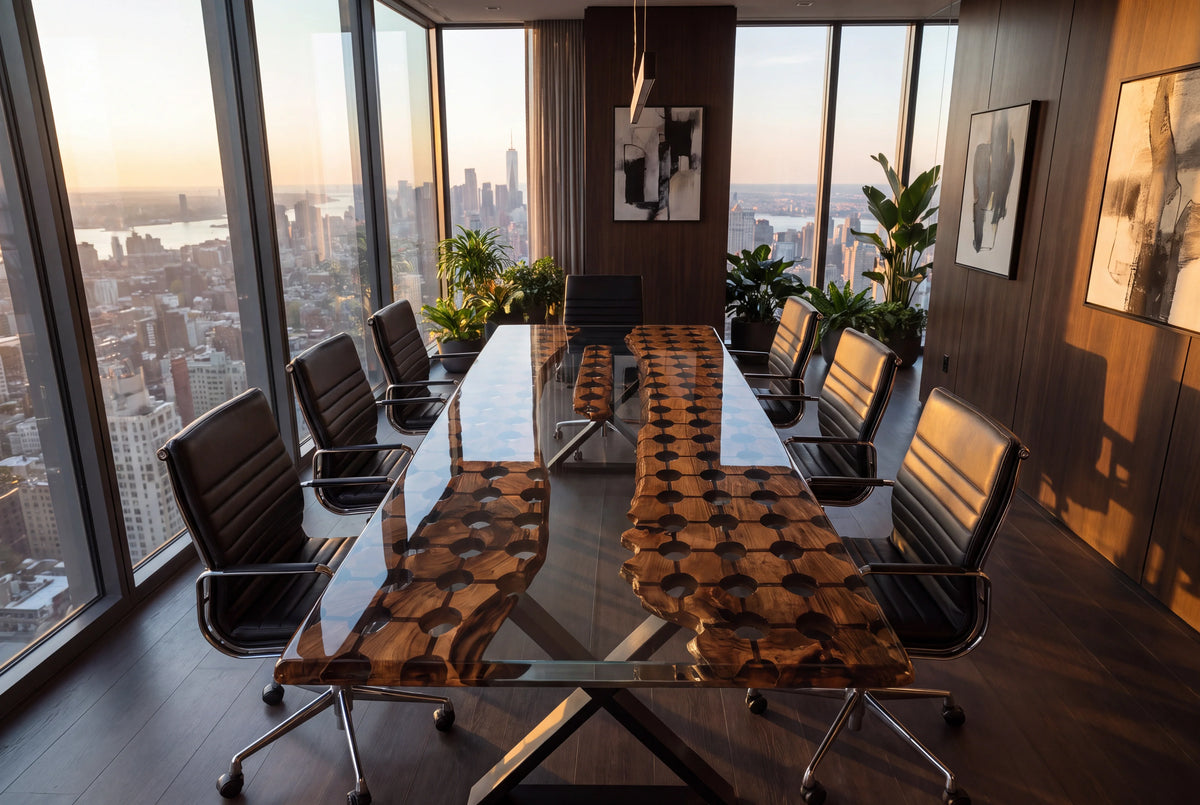 Lens walnut epoxy resin conference table with clear resin and circular cutouts in a high-rise boardroom with city views