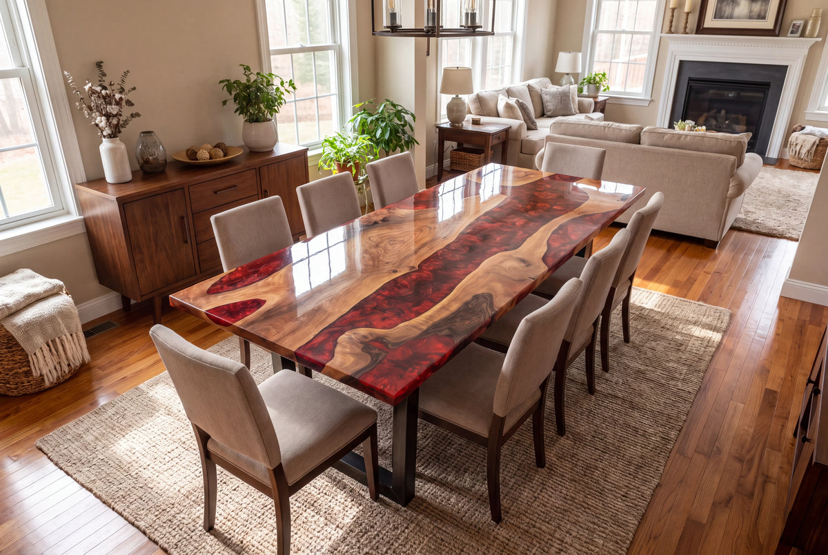 Crimson River walnut epoxy resin dining table with a deep red swirly resin river through the walnut top