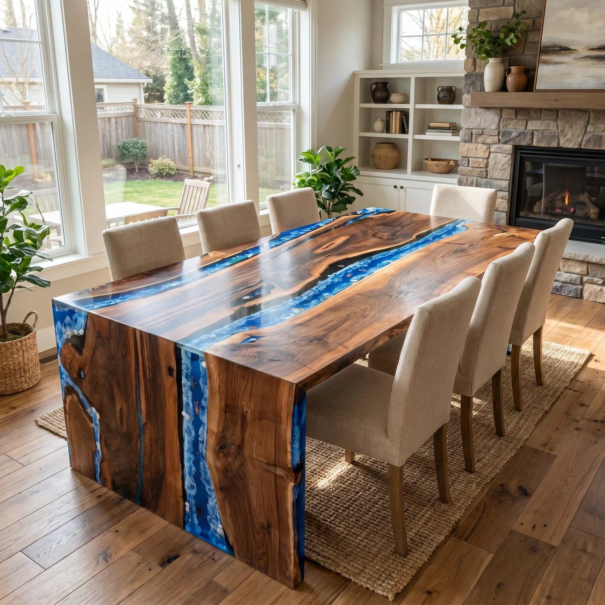 Custom solid hardwood dining table with hand-poured epoxy resin finish