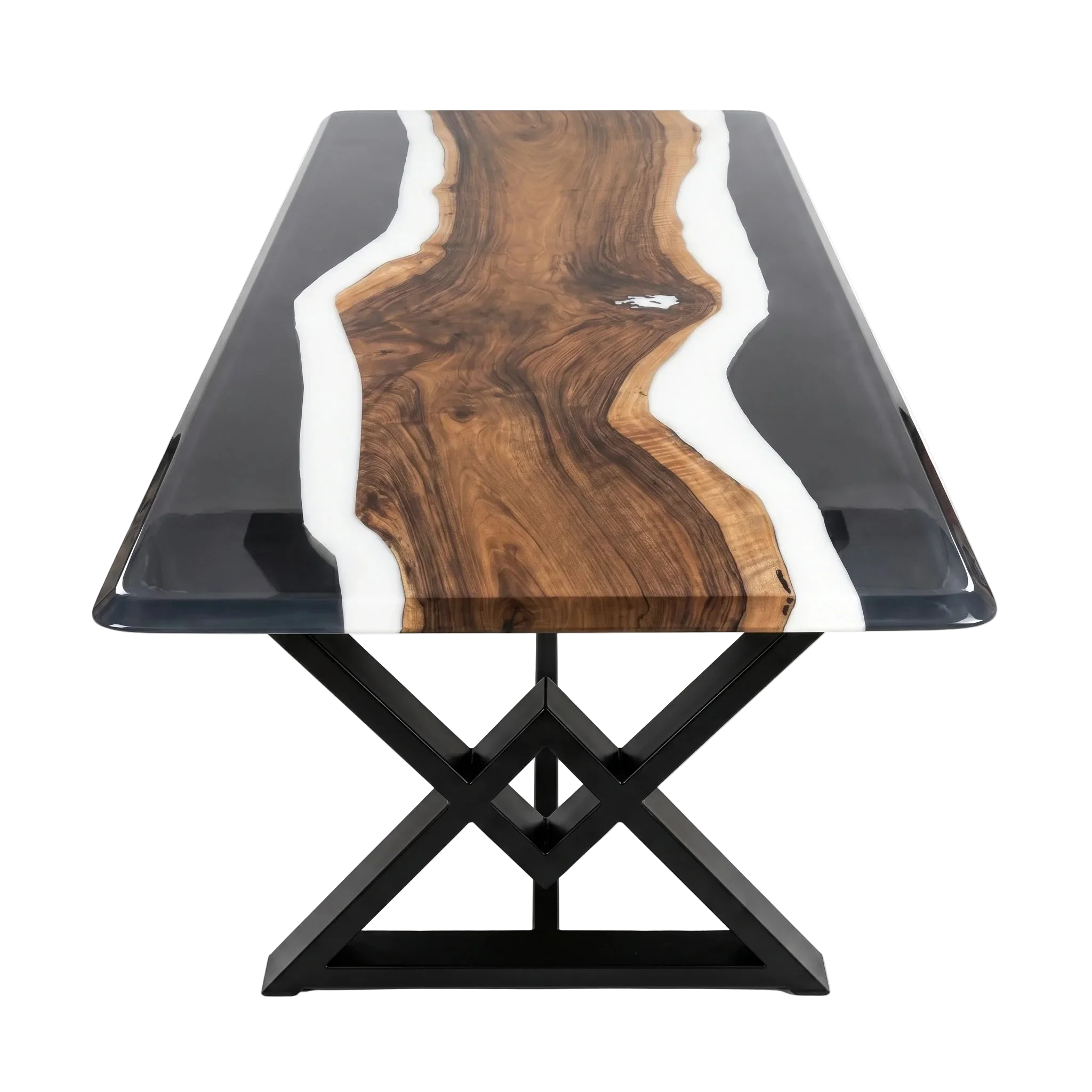 Eclipse Walnut Dining Table with three-tone walnut slab, matte white borders, glossy black epoxy edges, and black metal X-base