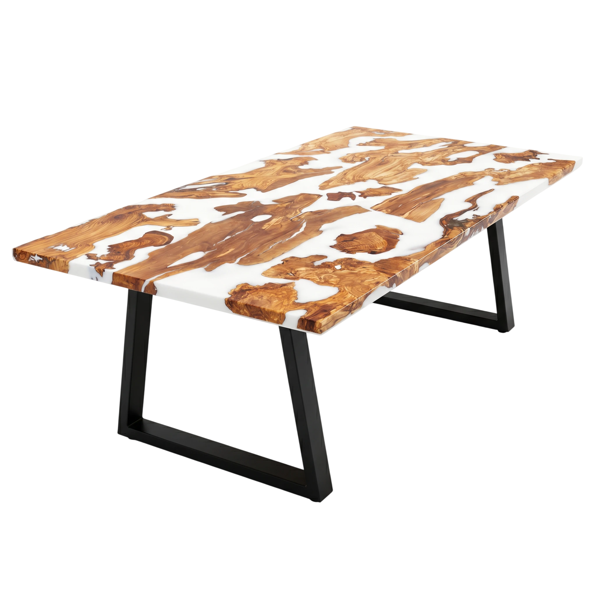 Pearl Lagoon Olive Dining Table with olive burl islands on white matte epoxy top and black metal U-shaped legs