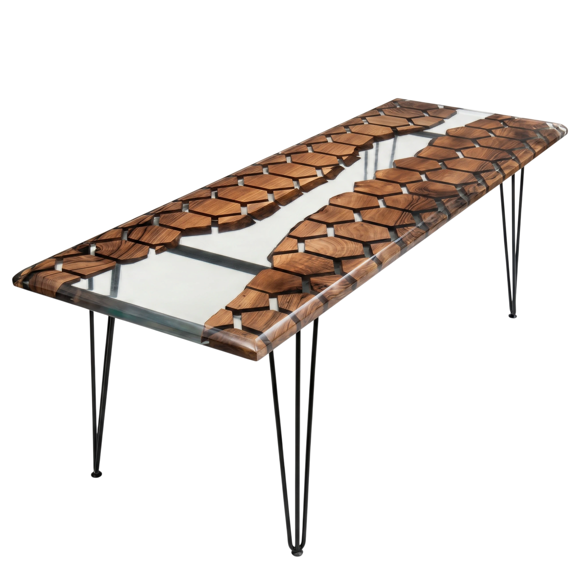 Apex Walnut Bar console with hexagon honeycomb walnut pattern embedded in clear epoxy resin, slim bar-height design